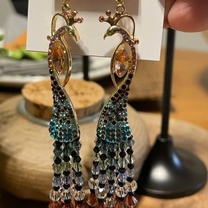 New Betsey Johnson Gold Peacock Earrings. Multicolored blues, green, amber, pink